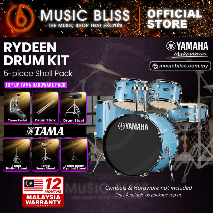 Yamaha Rydeen 5-Piece Acoustic Drum Kit – 22" Bass Drum – Shell Pack Only or Complete Package with Hardware & Cymbals - Gloss Pale Blue