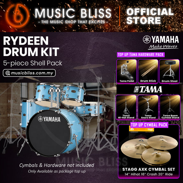 Yamaha Rydeen 5-Piece Acoustic Drum Kit – 22" Bass Drum – Shell Pack Only or Complete Package with Hardware & Cymbals - Gloss Pale Blue