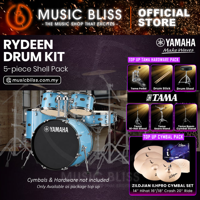Yamaha Rydeen 5-Piece Acoustic Drum Kit – 22" Bass Drum – Shell Pack Only or Complete Package with Hardware & Cymbals - Gloss Pale Blue