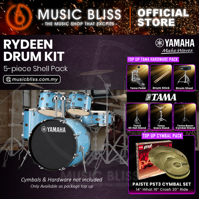 Yamaha Rydeen 5-Piece Acoustic Drum Kit – 22" Bass Drum – Shell Pack Only or Complete Package with Hardware & Cymbals - Gloss Pale Blue