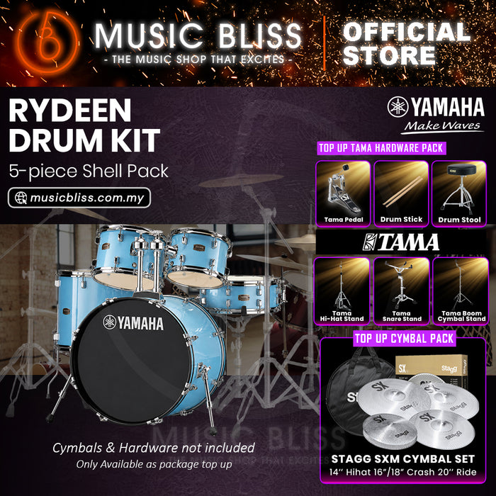 Yamaha Rydeen 5-Piece Acoustic Drum Kit – 22" Bass Drum – Shell Pack Only or Complete Package with Hardware & Cymbals - Gloss Pale Blue
