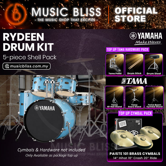 Yamaha Rydeen 5-Piece Acoustic Drum Kit – 22" Bass Drum – Shell Pack Only or Complete Package with Hardware & Cymbals - Gloss Pale Blue