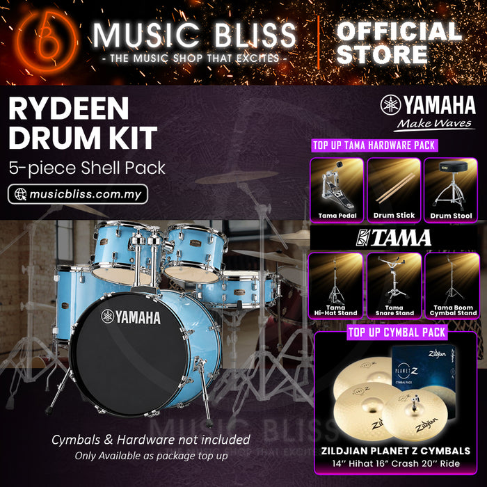 Yamaha Rydeen 5-Piece Acoustic Drum Kit – 22" Bass Drum – Shell Pack Only or Complete Package with Hardware & Cymbals - Gloss Pale Blue
