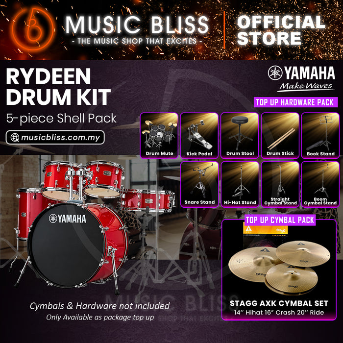 Yamaha Rydeen 5-Piece Acoustic Drum Kit – 22" Bass Drum – Shell Pack Only or Complete Package with Hardware & Cymbals - Hot Red