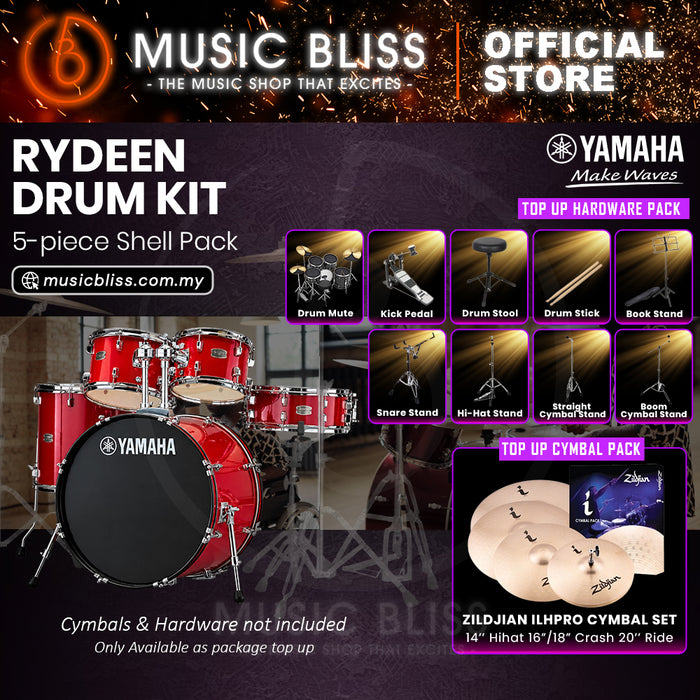 Yamaha Rydeen 5-Piece Acoustic Drum Kit – 22" Bass Drum – Shell Pack Only or Complete Package with Hardware & Cymbals - Hot Red
