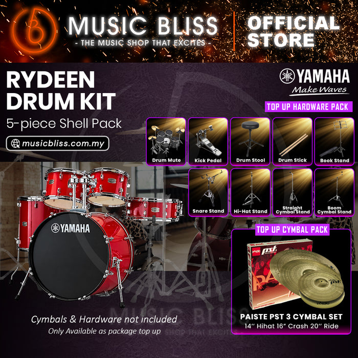 Yamaha Rydeen 5-Piece Acoustic Drum Kit – 22" Bass Drum – Shell Pack Only or Complete Package with Hardware & Cymbals - Hot Red