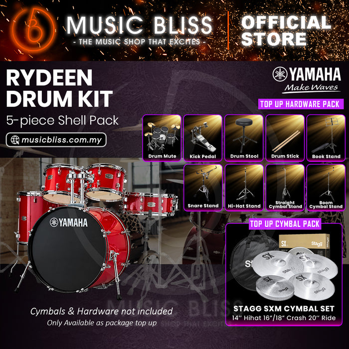 Yamaha Rydeen 5-Piece Acoustic Drum Kit – 22" Bass Drum – Shell Pack Only or Complete Package with Hardware & Cymbals - Hot Red