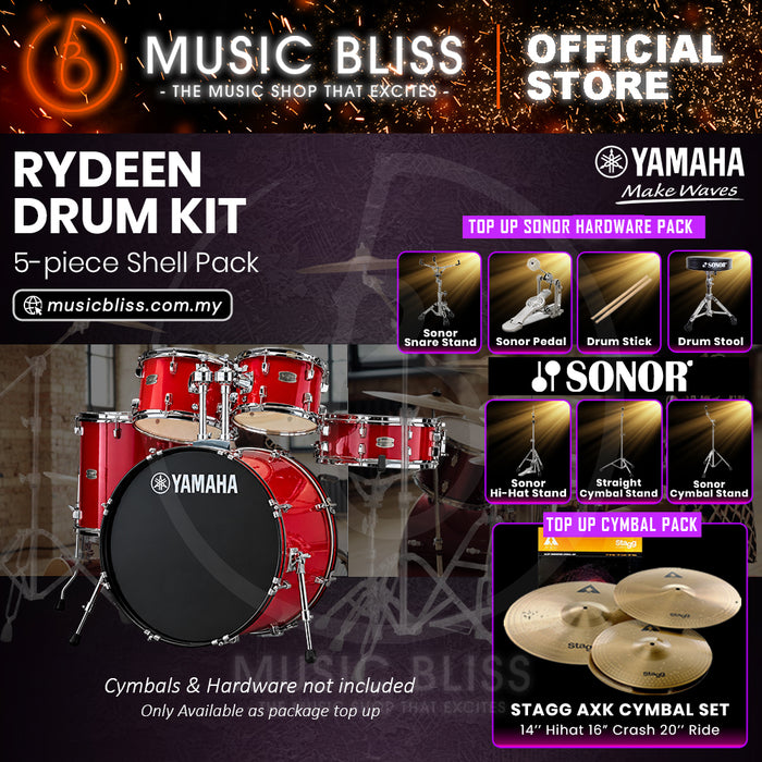 Yamaha Rydeen 5-Piece Acoustic Drum Kit – 22" Bass Drum – Shell Pack Only or Complete Package with Hardware & Cymbals - Hot Red