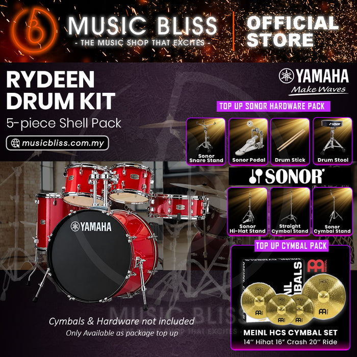 Yamaha Rydeen 5-Piece Acoustic Drum Kit – 22" Bass Drum – Shell Pack Only or Complete Package with Hardware & Cymbals - Hot Red