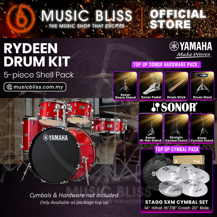 Yamaha Rydeen 5-Piece Acoustic Drum Kit – 22" Bass Drum – Shell Pack Only or Complete Package with Hardware & Cymbals - Hot Red
