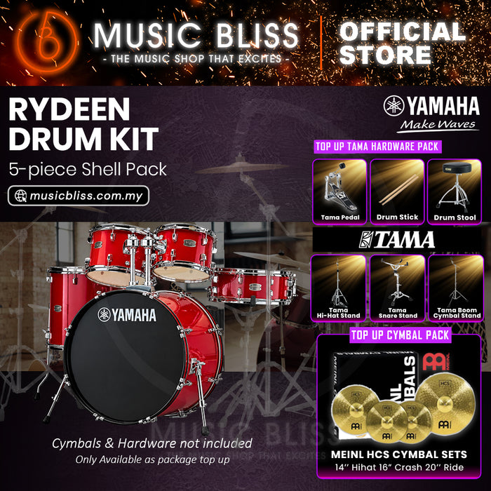 Yamaha Rydeen 5-Piece Acoustic Drum Kit – 22" Bass Drum – Shell Pack Only or Complete Package with Hardware & Cymbals - Hot Red