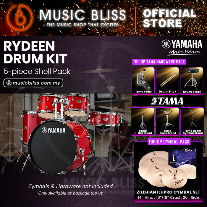 Yamaha Rydeen 5-Piece Acoustic Drum Kit – 22" Bass Drum – Shell Pack Only or Complete Package with Hardware & Cymbals - Hot Red