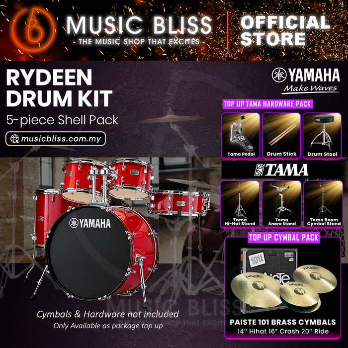 Yamaha Rydeen 5-Piece Acoustic Drum Kit – 22" Bass Drum – Shell Pack Only or Complete Package with Hardware & Cymbals - Hot Red