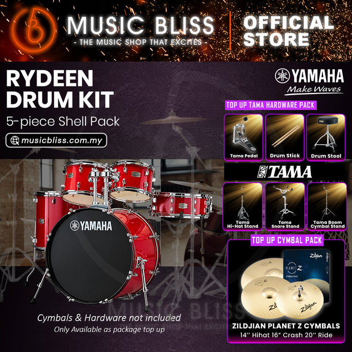 Yamaha Rydeen 5-Piece Acoustic Drum Kit – 22" Bass Drum – Shell Pack Only or Complete Package with Hardware & Cymbals - Hot Red
