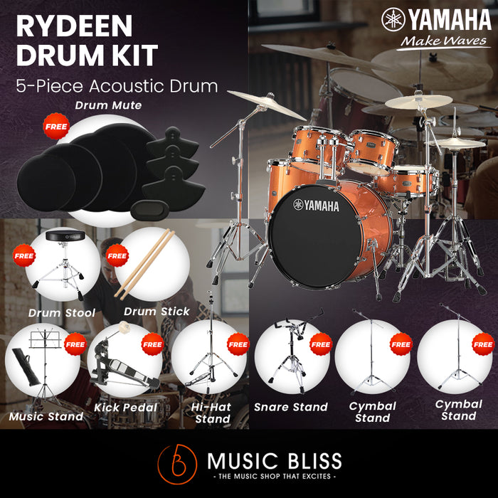 Yamaha Rydeen 5-Piece Acoustic Drum Kit – 22" Bass Drum – Shell Pack Only or Complete Package with Hardware & Cymbals - Orange Glitter