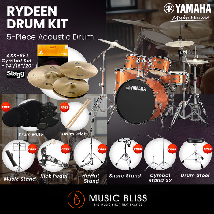 Yamaha Rydeen 5-Piece Acoustic Drum Kit – 22" Bass Drum – Shell Pack Only or Complete Package with Hardware & Cymbals - Orange Glitter