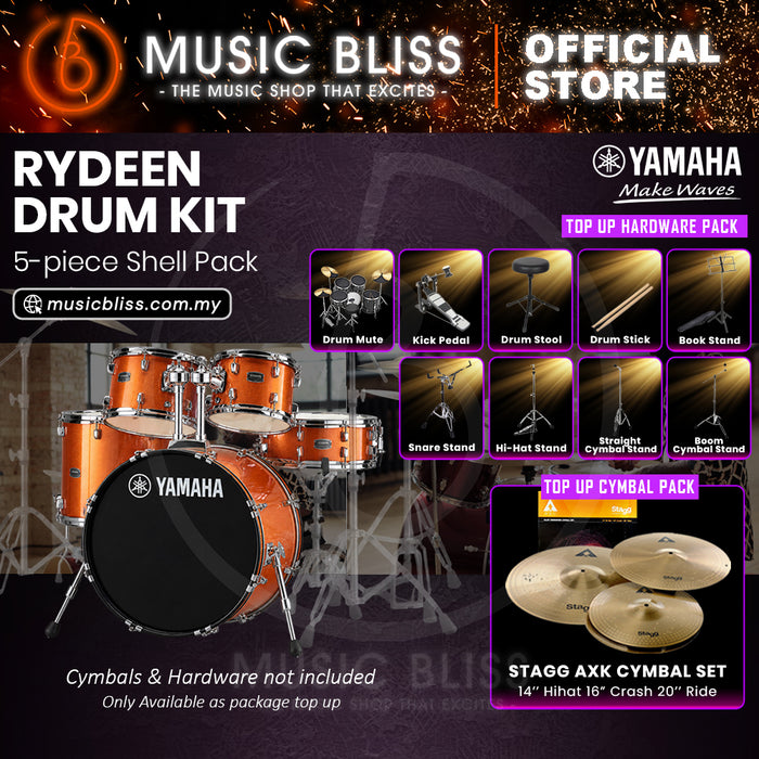 Yamaha Rydeen 5-Piece Acoustic Drum Kit – 22" Bass Drum – Shell Pack Only or Complete Package with Hardware & Cymbals - Orange Glitter