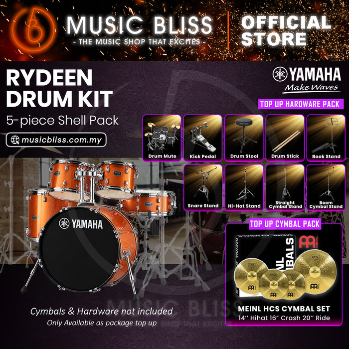 Yamaha Rydeen 5-Piece Acoustic Drum Kit – 22" Bass Drum – Shell Pack Only or Complete Package with Hardware & Cymbals - Orange Glitter
