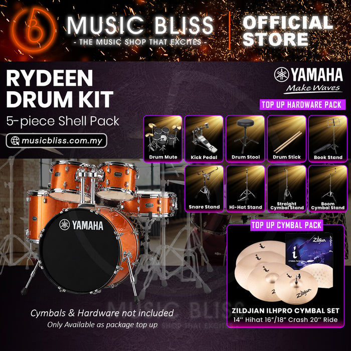 Yamaha Rydeen 5-Piece Acoustic Drum Kit – 22" Bass Drum – Shell Pack Only or Complete Package with Hardware & Cymbals - Orange Glitter