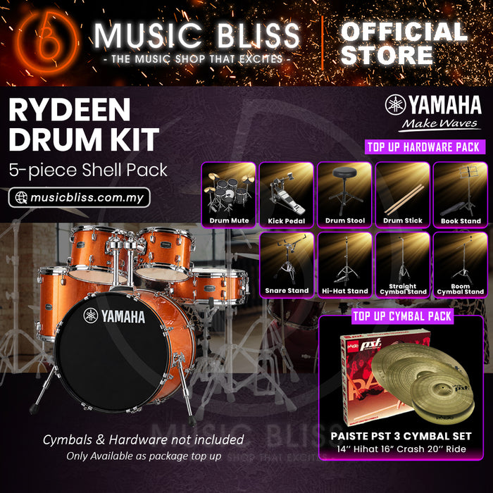 Yamaha Rydeen 5-Piece Acoustic Drum Kit – 22" Bass Drum – Shell Pack Only or Complete Package with Hardware & Cymbals - Orange Glitter