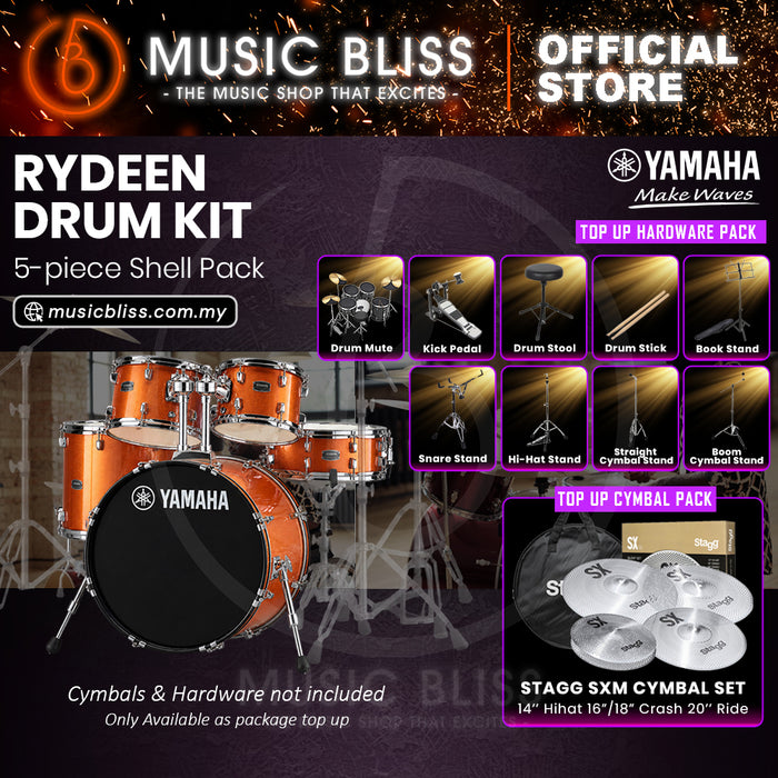 Yamaha Rydeen 5-Piece Acoustic Drum Kit – 22" Bass Drum – Shell Pack Only or Complete Package with Hardware & Cymbals - Orange Glitter