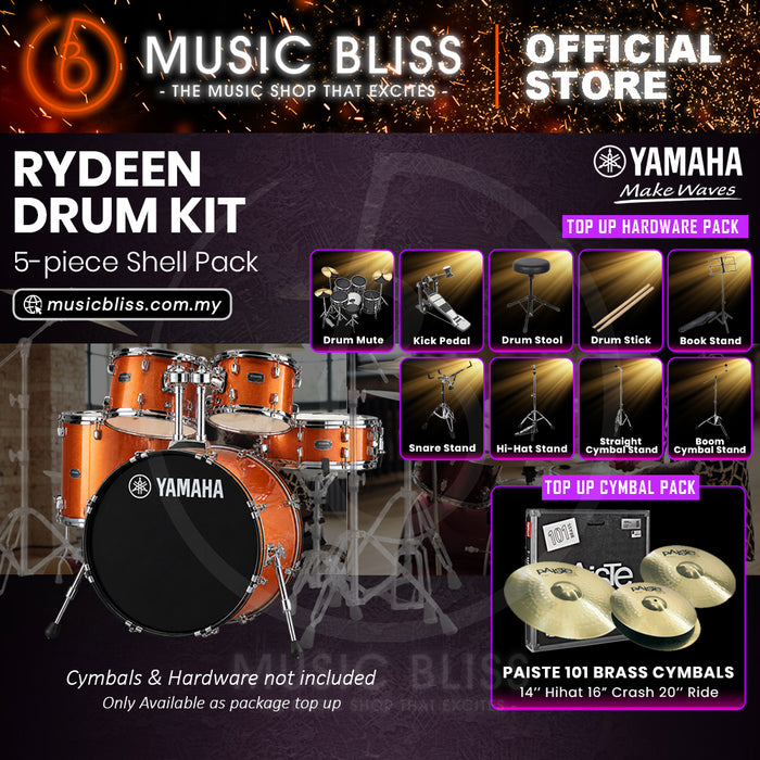 Yamaha Rydeen 5-Piece Acoustic Drum Kit – 22" Bass Drum – Shell Pack Only or Complete Package with Hardware & Cymbals - Orange Glitter