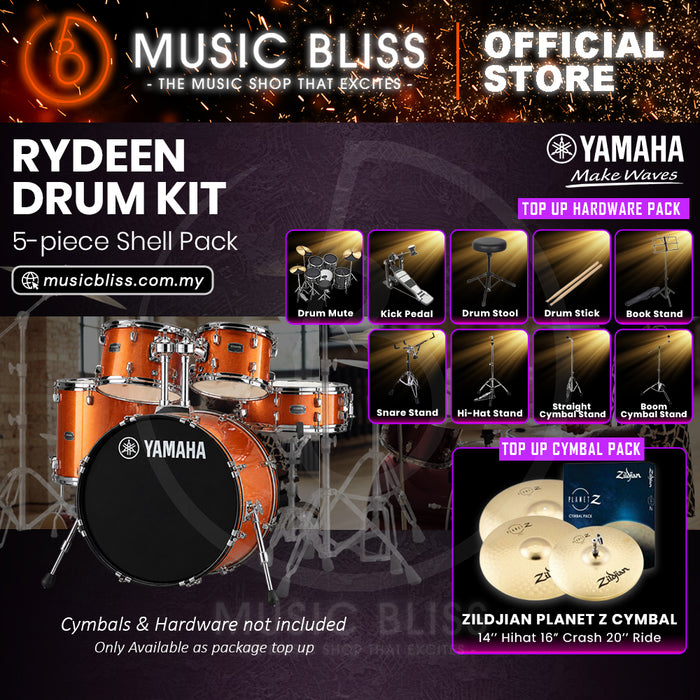 Yamaha Rydeen 5-Piece Acoustic Drum Kit – 22" Bass Drum – Shell Pack Only or Complete Package with Hardware & Cymbals - Orange Glitter