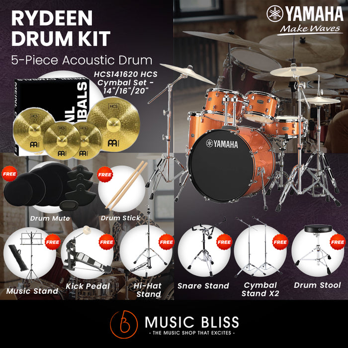 Yamaha Rydeen 5-Piece Acoustic Drum Kit – 22" Bass Drum – Shell Pack Only or Complete Package with Hardware & Cymbals - Orange Glitter