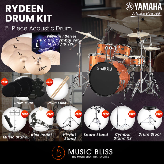 Yamaha Rydeen 5-Piece Acoustic Drum Kit – 22" Bass Drum – Shell Pack Only or Complete Package with Hardware & Cymbals - Orange Glitter