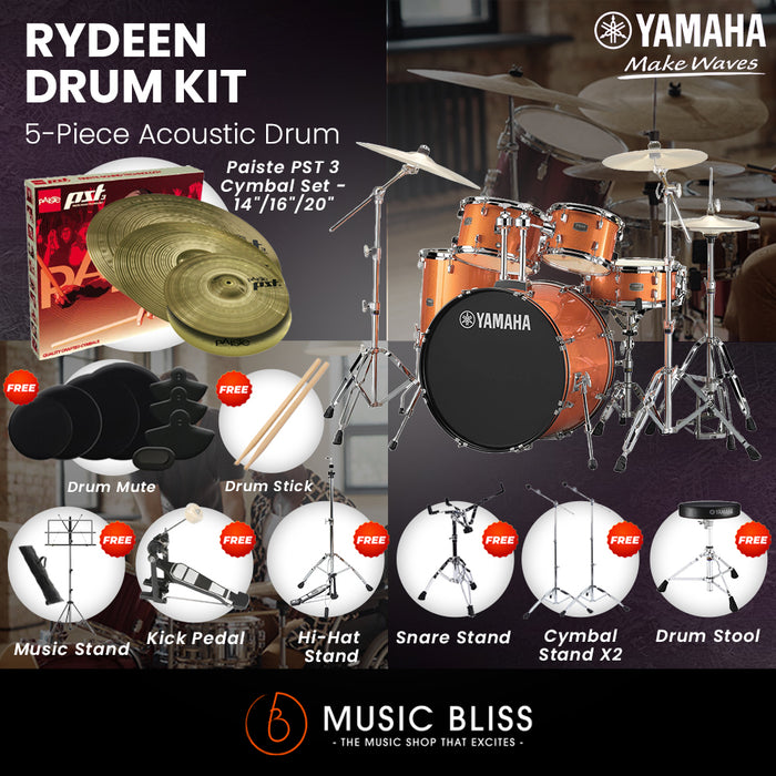 Yamaha Rydeen 5-Piece Acoustic Drum Kit – 22" Bass Drum – Shell Pack Only or Complete Package with Hardware & Cymbals - Orange Glitter