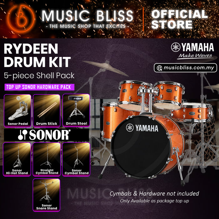 Yamaha Rydeen 5-Piece Acoustic Drum Kit – 22" Bass Drum – Shell Pack Only or Complete Package with Hardware & Cymbals - Orange Glitter