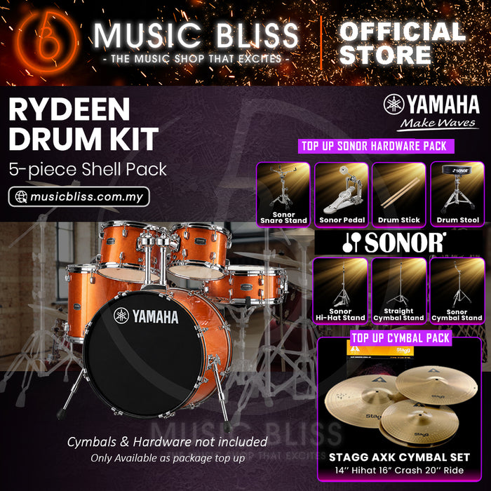Yamaha Rydeen 5-Piece Acoustic Drum Kit – 22" Bass Drum – Shell Pack Only or Complete Package with Hardware & Cymbals - Orange Glitter