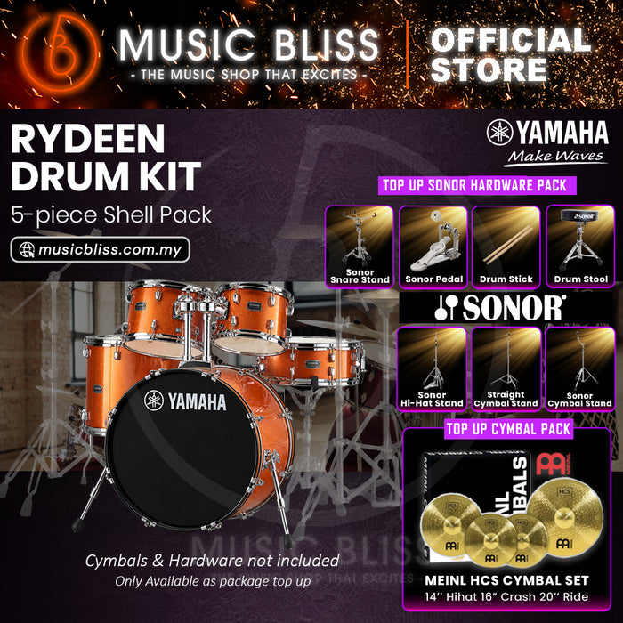 Yamaha Rydeen 5-Piece Acoustic Drum Kit – 22" Bass Drum – Shell Pack Only or Complete Package with Hardware & Cymbals - Orange Glitter