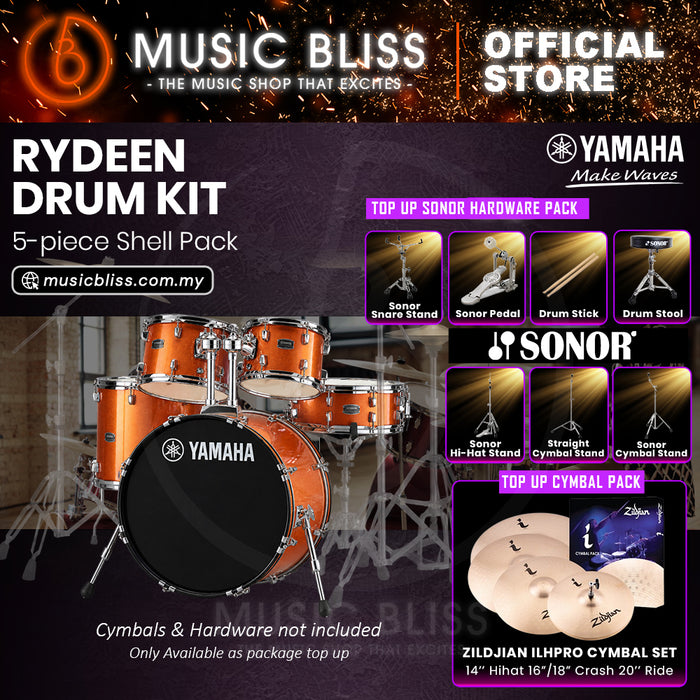 Yamaha Rydeen 5-Piece Acoustic Drum Kit – 22" Bass Drum – Shell Pack Only or Complete Package with Hardware & Cymbals - Orange Glitter