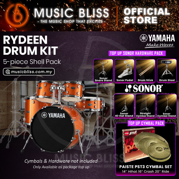Yamaha Rydeen 5-Piece Acoustic Drum Kit – 22" Bass Drum – Shell Pack Only or Complete Package with Hardware & Cymbals - Orange Glitter