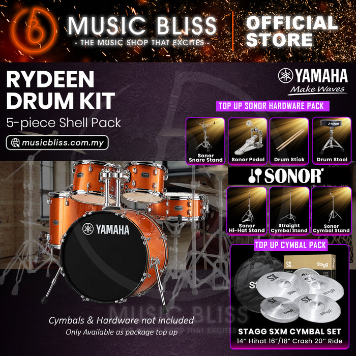 Yamaha Rydeen 5-Piece Acoustic Drum Kit – 22" Bass Drum – Shell Pack Only or Complete Package with Hardware & Cymbals - Orange Glitter