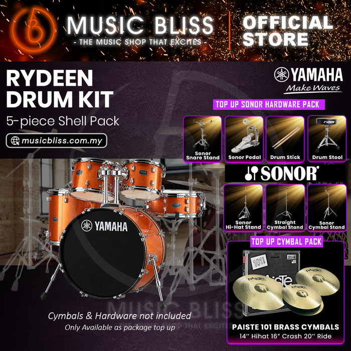 Yamaha Rydeen 5-Piece Acoustic Drum Kit – 22" Bass Drum – Shell Pack Only or Complete Package with Hardware & Cymbals - Orange Glitter
