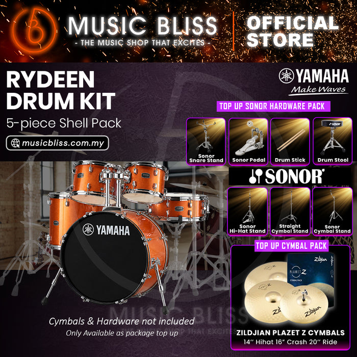 Yamaha Rydeen 5-Piece Acoustic Drum Kit – 22" Bass Drum – Shell Pack Only or Complete Package with Hardware & Cymbals - Orange Glitter