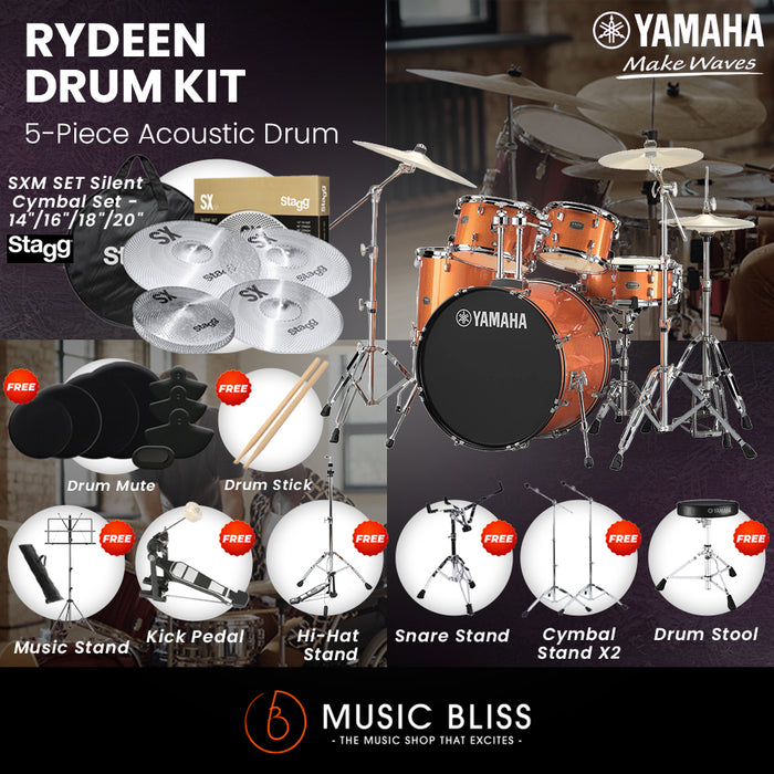 Yamaha Rydeen 5-Piece Acoustic Drum Kit – 22" Bass Drum – Shell Pack Only or Complete Package with Hardware & Cymbals - Orange Glitter
