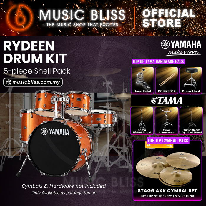 Yamaha Rydeen 5-Piece Acoustic Drum Kit – 22" Bass Drum – Shell Pack Only or Complete Package with Hardware & Cymbals - Orange Glitter