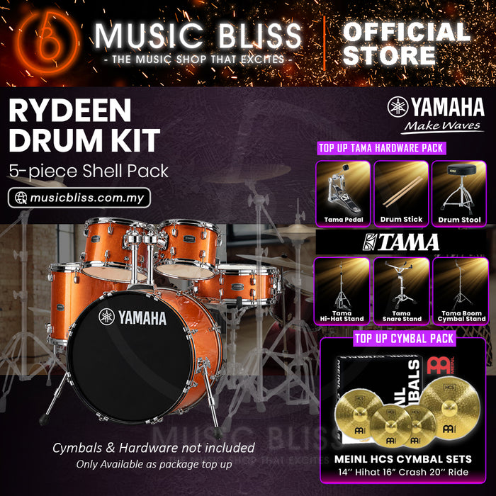 Yamaha Rydeen 5-Piece Acoustic Drum Kit – 22" Bass Drum – Shell Pack Only or Complete Package with Hardware & Cymbals - Orange Glitter