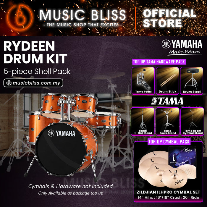 Yamaha Rydeen 5-Piece Acoustic Drum Kit – 22" Bass Drum – Shell Pack Only or Complete Package with Hardware & Cymbals - Orange Glitter