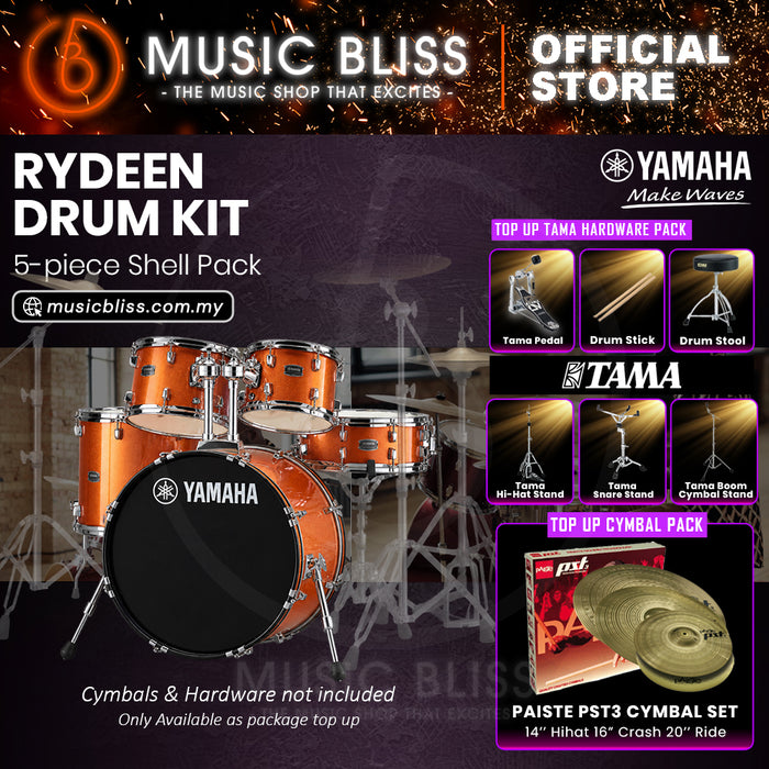 Yamaha Rydeen 5-Piece Acoustic Drum Kit – 22" Bass Drum – Shell Pack Only or Complete Package with Hardware & Cymbals - Orange Glitter
