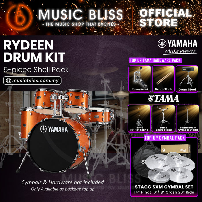 Yamaha Rydeen 5-Piece Acoustic Drum Kit – 22" Bass Drum – Shell Pack Only or Complete Package with Hardware & Cymbals - Orange Glitter