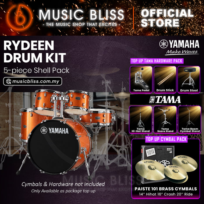 Yamaha Rydeen 5-Piece Acoustic Drum Kit – 22" Bass Drum – Shell Pack Only or Complete Package with Hardware & Cymbals - Orange Glitter