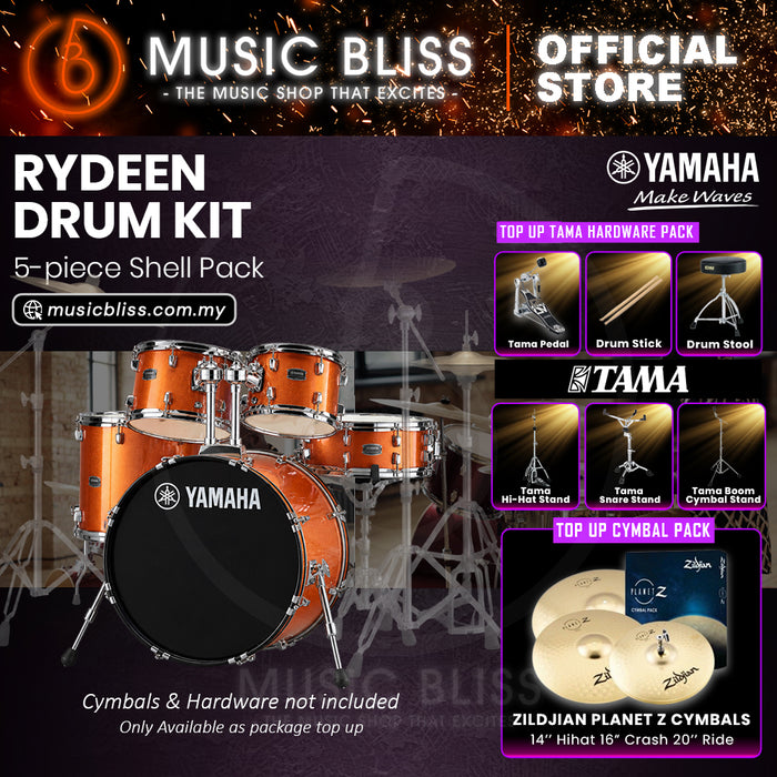 Yamaha Rydeen 5-Piece Acoustic Drum Kit – 22" Bass Drum – Shell Pack Only or Complete Package with Hardware & Cymbals - Orange Glitter