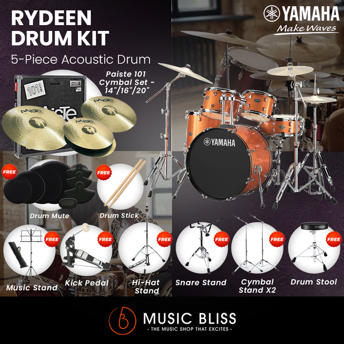 Yamaha Rydeen 5-Piece Acoustic Drum Kit – 22" Bass Drum – Shell Pack Only or Complete Package with Hardware & Cymbals - Orange Glitter