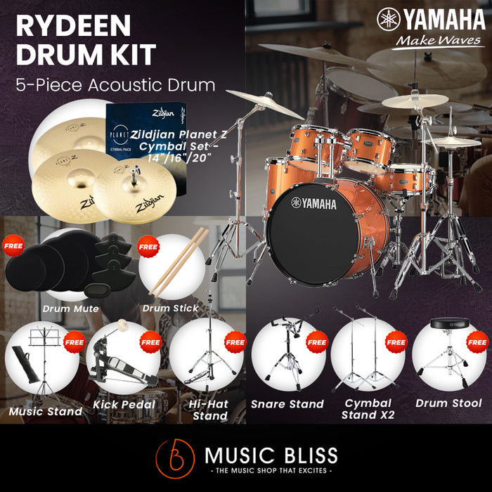 Yamaha Rydeen 5-Piece Acoustic Drum Kit – 22" Bass Drum – Shell Pack Only or Complete Package with Hardware & Cymbals - Orange Glitter