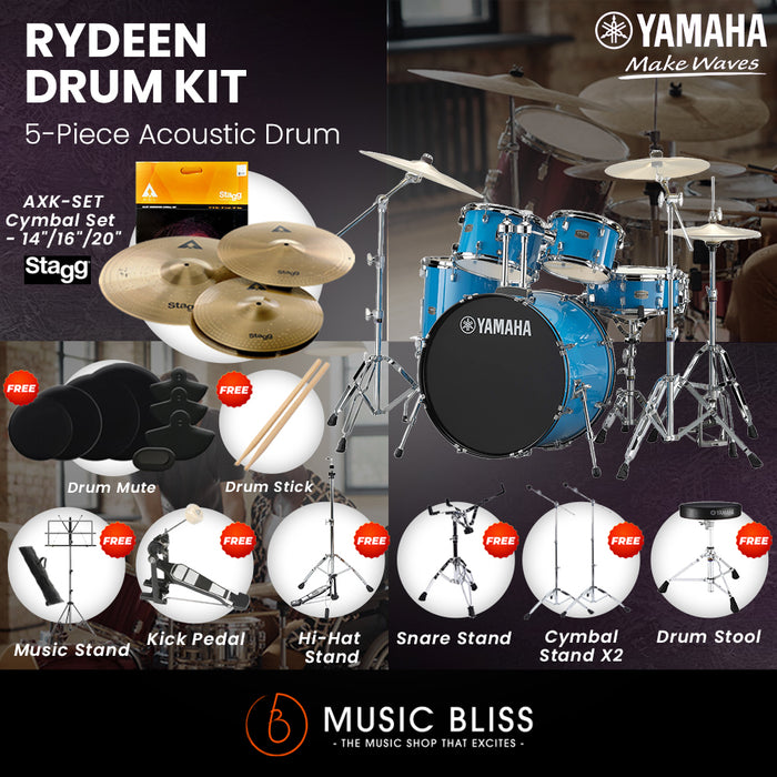 Yamaha Rydeen 5-Piece Acoustic Drum Kit – 22" Bass Drum – Shell Pack Only or Complete Package with Hardware & Cymbals - Sky Blue