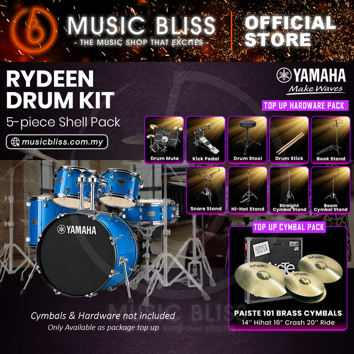 Yamaha Rydeen 5-Piece Acoustic Drum Kit – 22" Bass Drum – Shell Pack Only or Complete Package with Hardware & Cymbals - Sky Blue